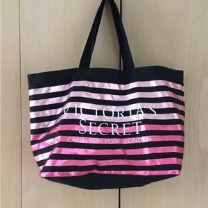 Victoria’s Secret pink black metallic striped canvas weekender bag EUC